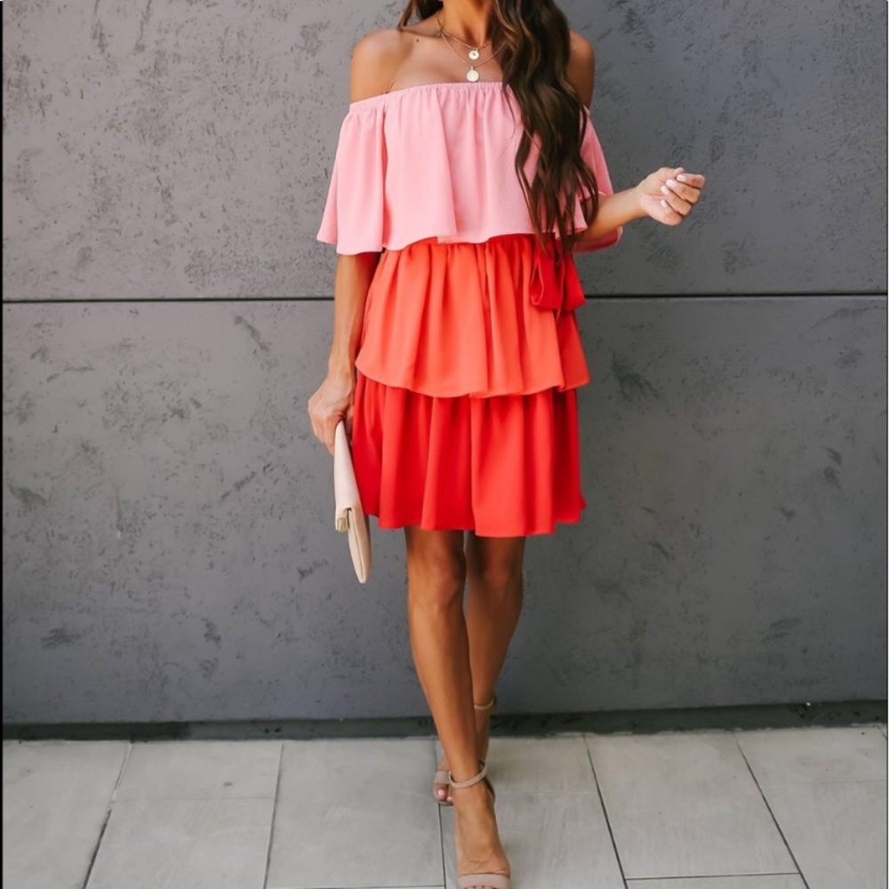 VICI Ombre Tiered Off Shoulder Tie Dress